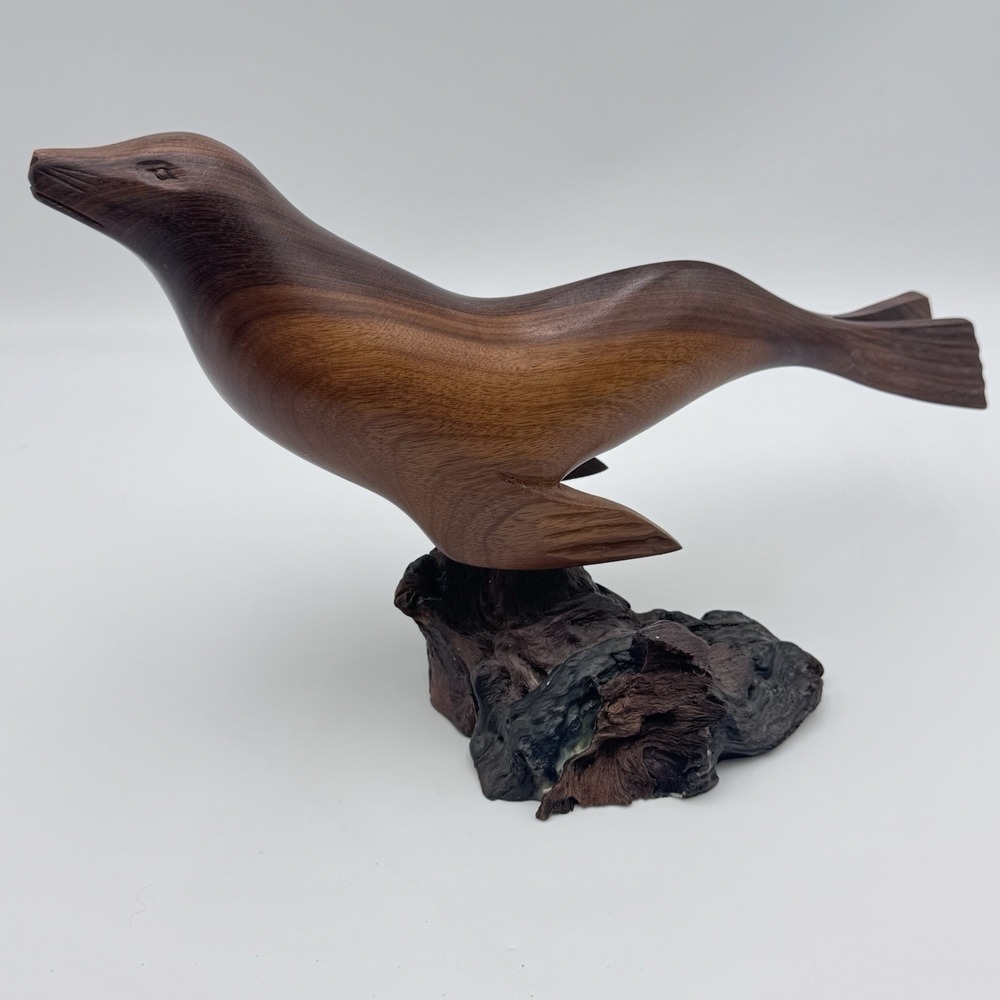 14" Carved Seal Terry Woodall Art Gallery Oregon Myrtlewood Floating Sculpture